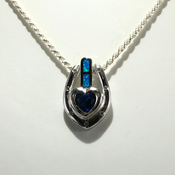For My Love Sterling Heart Sapphire Opal 925 Silver Rope Necklace - Picture 2 of 7